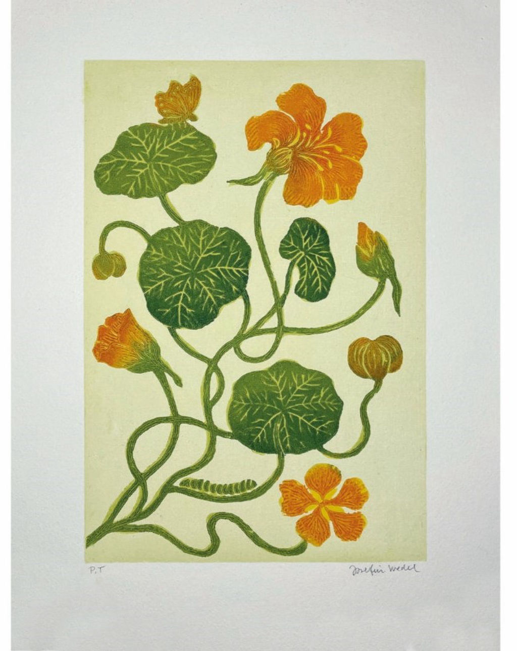 'Träsnitt ”Blomsterkrasse”', ett konstverk av Josefin Wedel