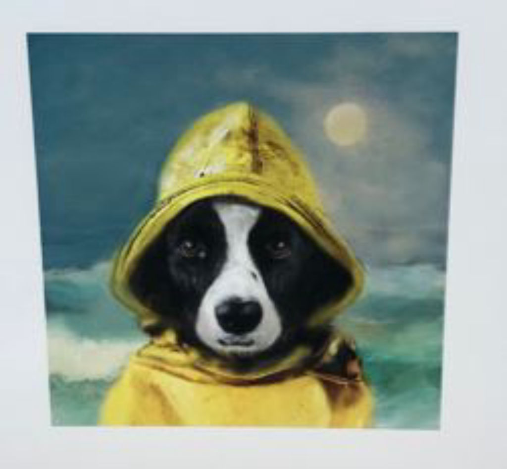 'Hund i regnkläder', ett konstverk av Martine Castoriano